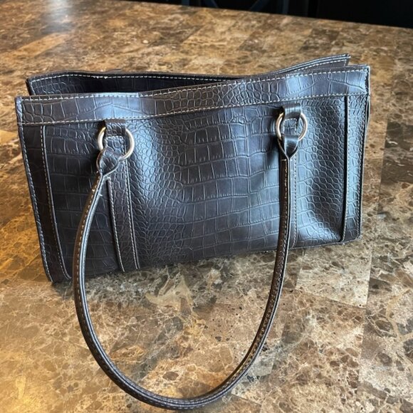 Sag Harbor Faux Croc Crocodile‎ Handbag Large Purse Dark Brown 13" width - Picture 2 of 8